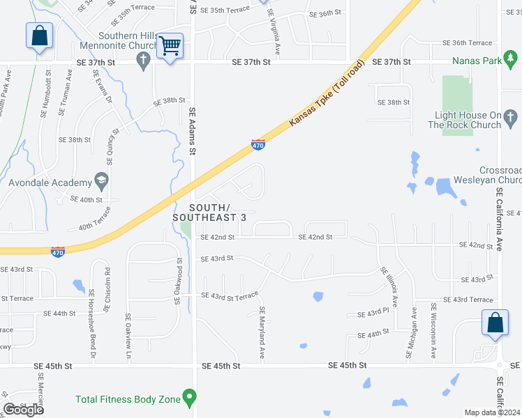 map of restaurants, bars, coffee shops, grocery stores, and more near 4100 Southeast Adams Street in Topeka