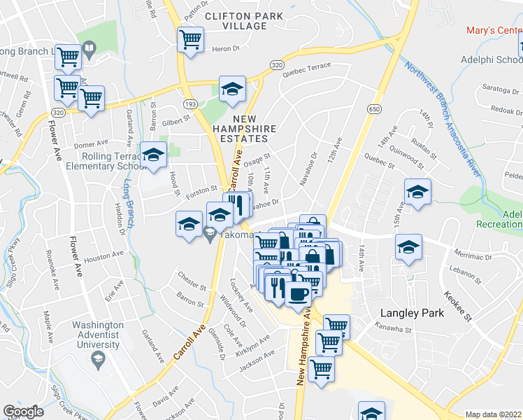 map of restaurants, bars, coffee shops, grocery stores, and more near 1005 Navahoe Drive in Silver Spring
