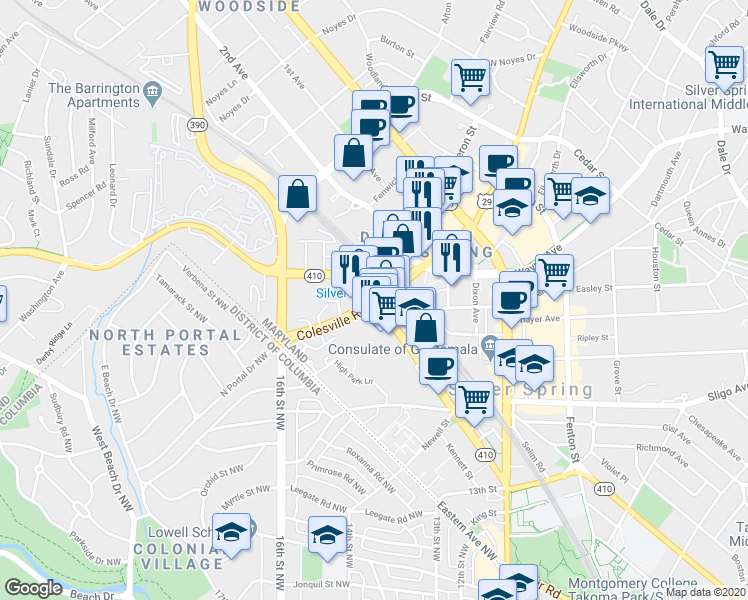 map of restaurants, bars, coffee shops, grocery stores, and more near Colesville Rd & East-West Hwy in Silver Spring