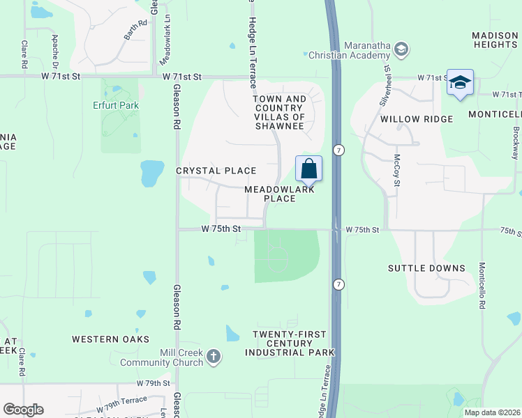 map of restaurants, bars, coffee shops, grocery stores, and more near 7405 Hedge Lane Terrace in Shawnee