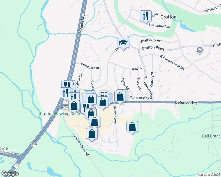 map of restaurants, bars, coffee shops, grocery stores, and more near 1723 Gabriel Court in Crofton