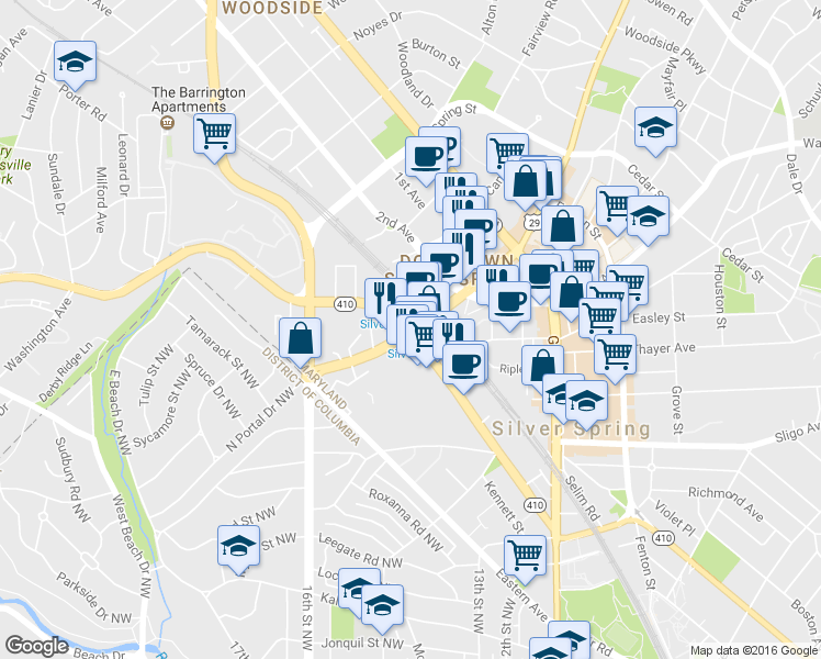 map of restaurants, bars, coffee shops, grocery stores, and more near 8395 Colesville Road in Silver Spring