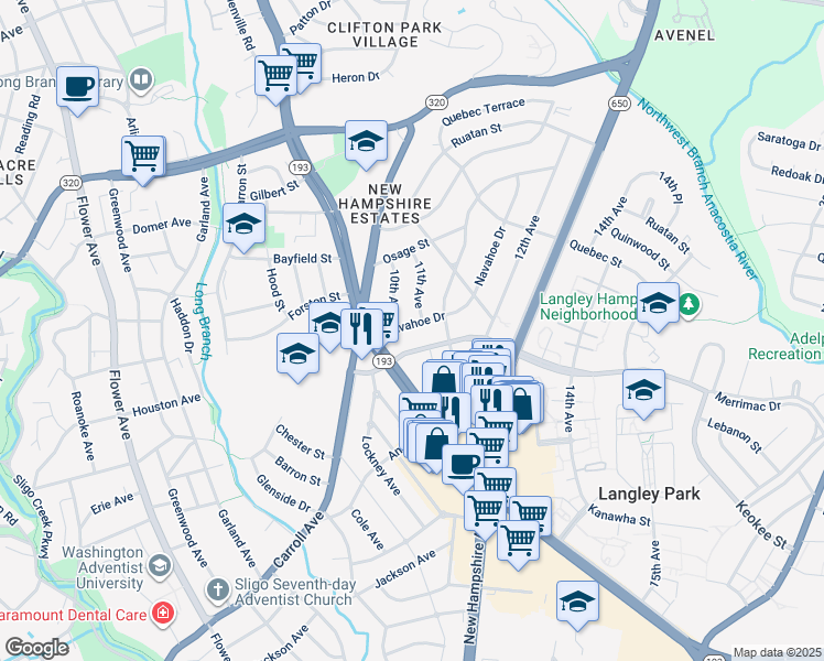 map of restaurants, bars, coffee shops, grocery stores, and more near 1005 Navahoe Drive in Silver Spring