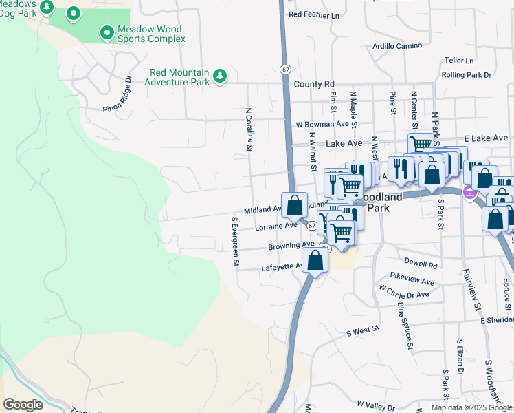 map of restaurants, bars, coffee shops, grocery stores, and more near 103 Coraline Street in Woodland Park