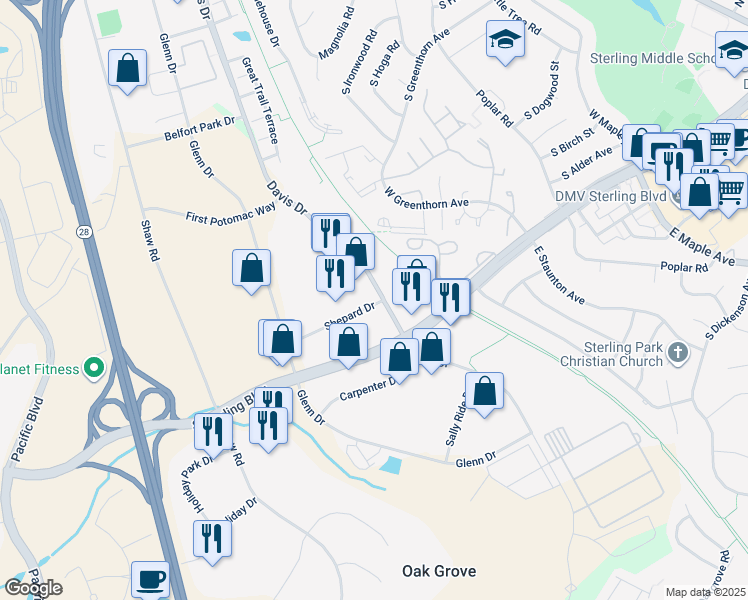 map of restaurants, bars, coffee shops, grocery stores, and more near 1329 Shepard Drive in Sterling