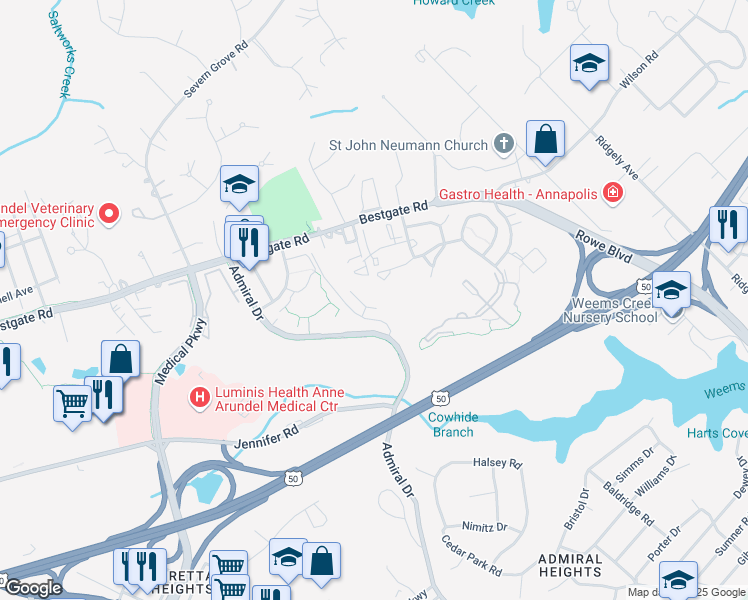 map of restaurants, bars, coffee shops, grocery stores, and more near 2152 Hideaway Court in Annapolis