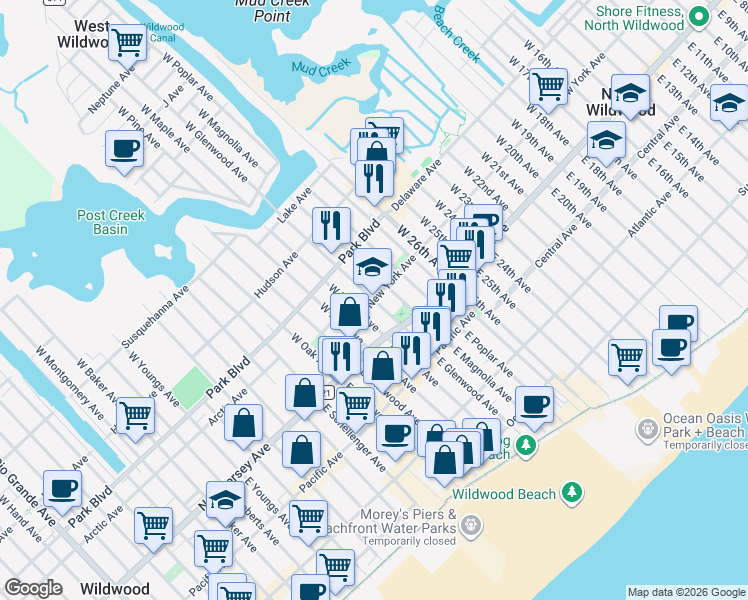 map of restaurants, bars, coffee shops, grocery stores, and more near in West Wildwood