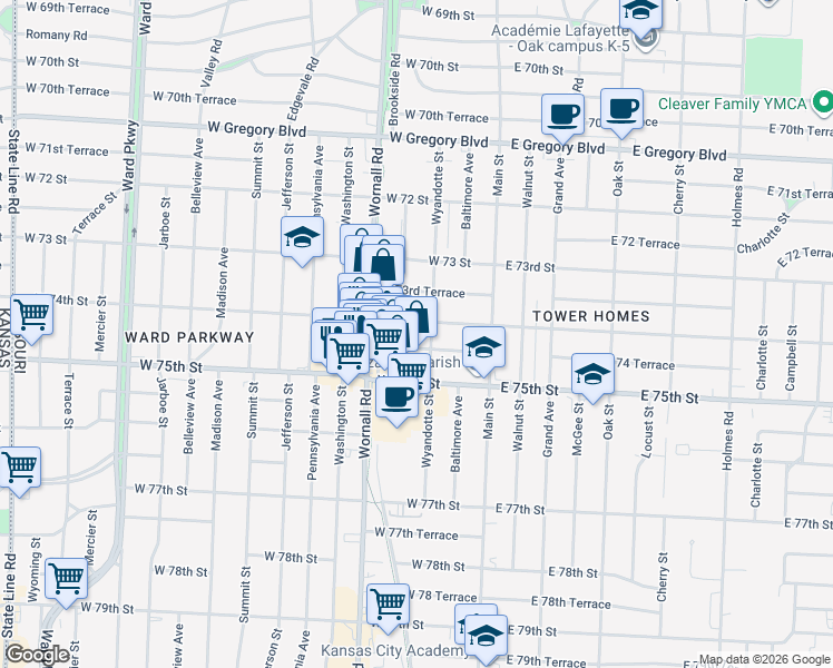 map of restaurants, bars, coffee shops, grocery stores, and more near in Kansas City