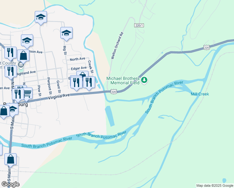 map of restaurants, bars, coffee shops, grocery stores, and more near 553 West Virginia 55 in Petersburg