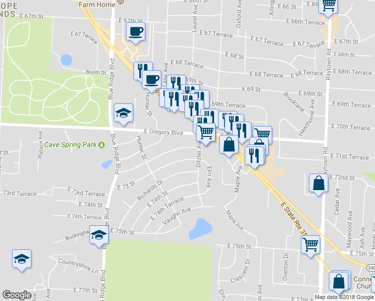 map of restaurants, bars, coffee shops, grocery stores, and more near 9111 East 72nd Terrace in Raytown