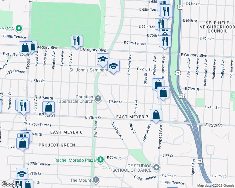 map of restaurants, bars, coffee shops, grocery stores, and more near 7328 Garfield Avenue in Kansas City