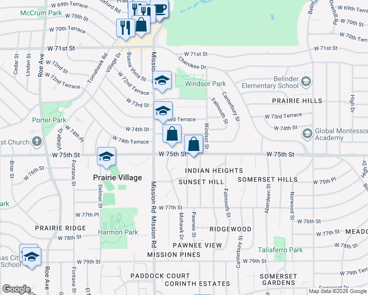 map of restaurants, bars, coffee shops, grocery stores, and more near 3590 West 75th Street in Prairie Village