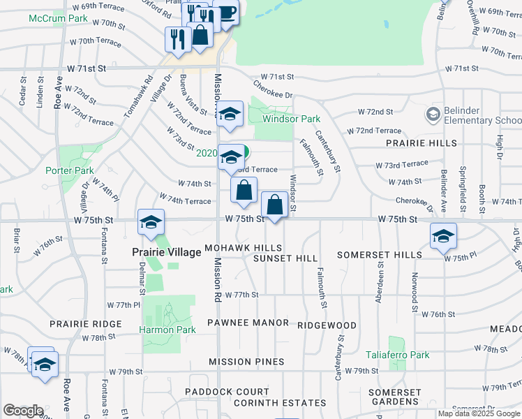 map of restaurants, bars, coffee shops, grocery stores, and more near 3590 West 75th Street in Prairie Village