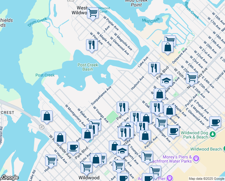 map of restaurants, bars, coffee shops, grocery stores, and more near 441 West Lincoln Avenue in Wildwood