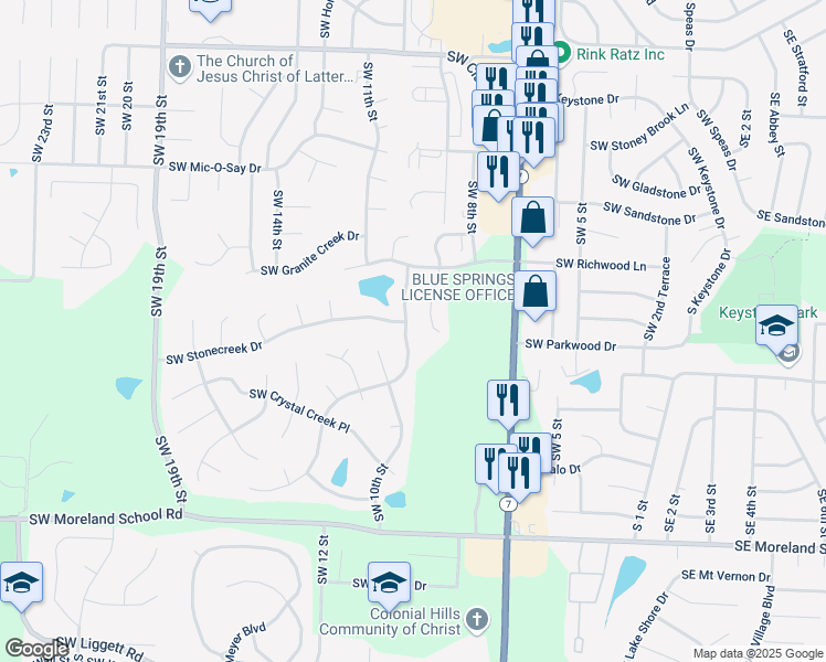 map of restaurants, bars, coffee shops, grocery stores, and more near 2501 Southwest Richwood Circle in Blue Springs