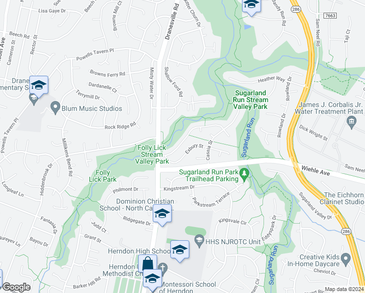 map of restaurants, bars, coffee shops, grocery stores, and more near 12335 Cliveden Street in Herndon