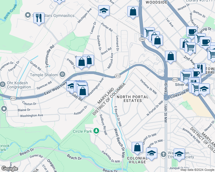 map of restaurants, bars, coffee shops, grocery stores, and more near 2210 Washington Avenue in Silver Spring