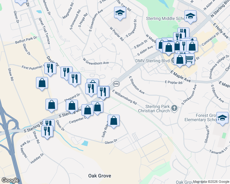map of restaurants, bars, coffee shops, grocery stores, and more near 155 Williamsburg Road in Sterling