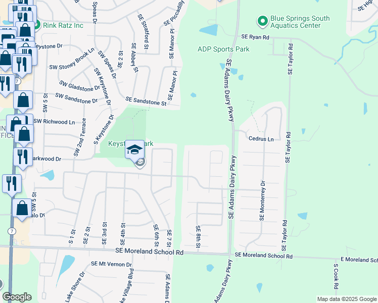 map of restaurants, bars, coffee shops, grocery stores, and more near 2401 Southeast Creek Ridge Court in Blue Springs