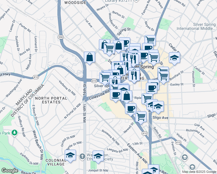 map of restaurants, bars, coffee shops, grocery stores, and more near 1400a Maryland 410 in Silver Spring