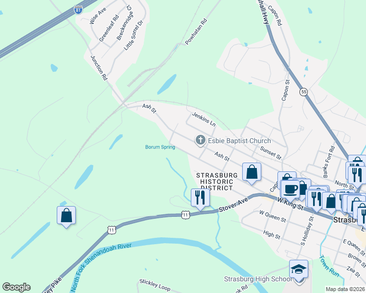 map of restaurants, bars, coffee shops, grocery stores, and more near 670 West King Street in Strasburg