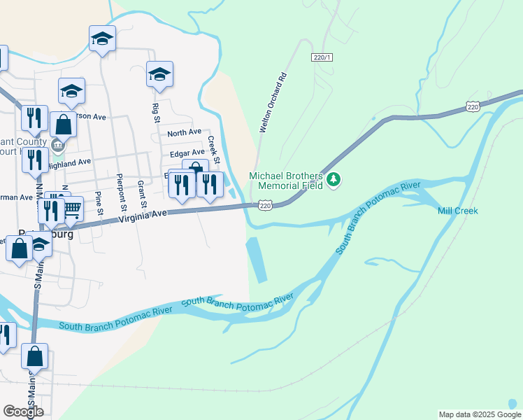 map of restaurants, bars, coffee shops, grocery stores, and more near 553 West Virginia 55 in Petersburg