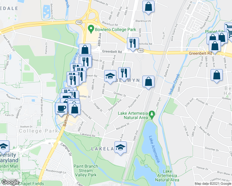 map of restaurants, bars, coffee shops, grocery stores, and more near Rhode Island Ave & Quebec St in College Park