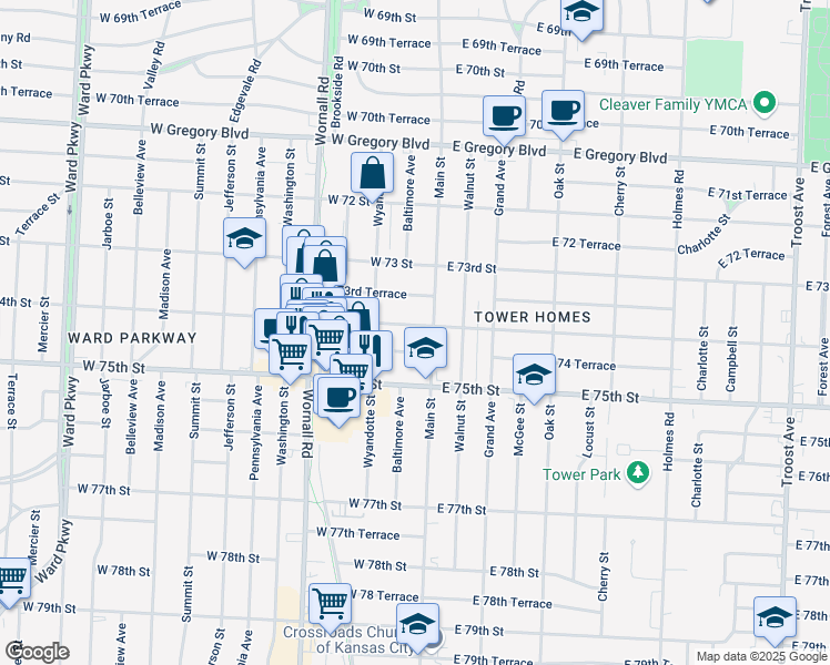 map of restaurants, bars, coffee shops, grocery stores, and more near 7348 Main Street in Kansas City
