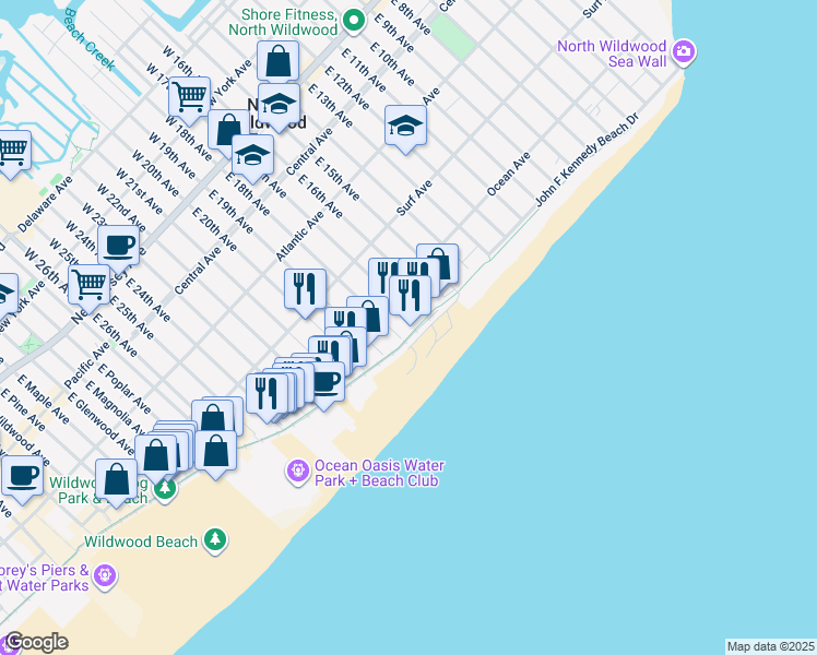 map of restaurants, bars, coffee shops, grocery stores, and more near 1702 Boardwalk in North Wildwood