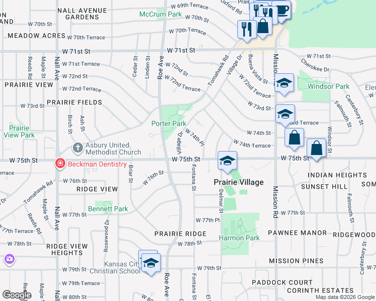 map of restaurants, bars, coffee shops, grocery stores, and more near 7477 Village Drive in Prairie Village