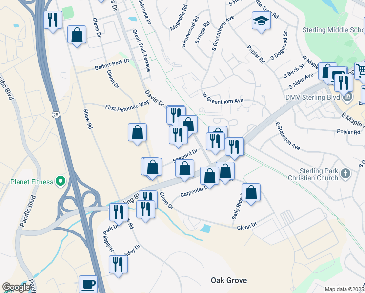 map of restaurants, bars, coffee shops, grocery stores, and more near 1329 Shepard Drive in Sterling