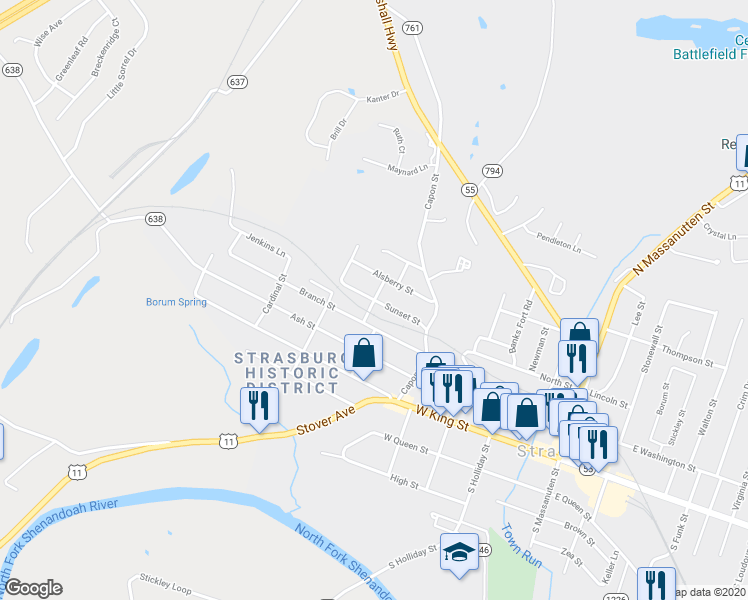 map of restaurants, bars, coffee shops, grocery stores, and more near 498 Beacon Street in Strasburg