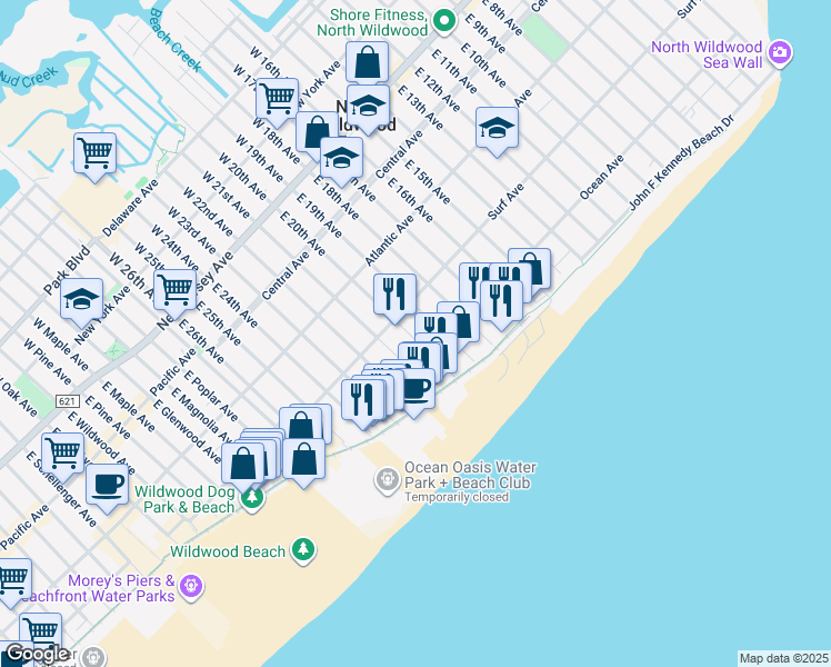 map of restaurants, bars, coffee shops, grocery stores, and more near 429 East 20th Avenue in Wildwood