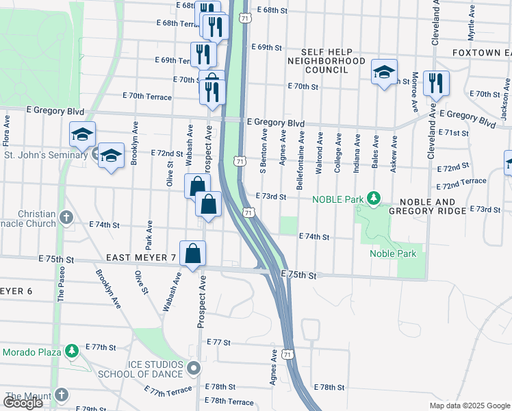 map of restaurants, bars, coffee shops, grocery stores, and more near 2817 East 73rd Street in Kansas City