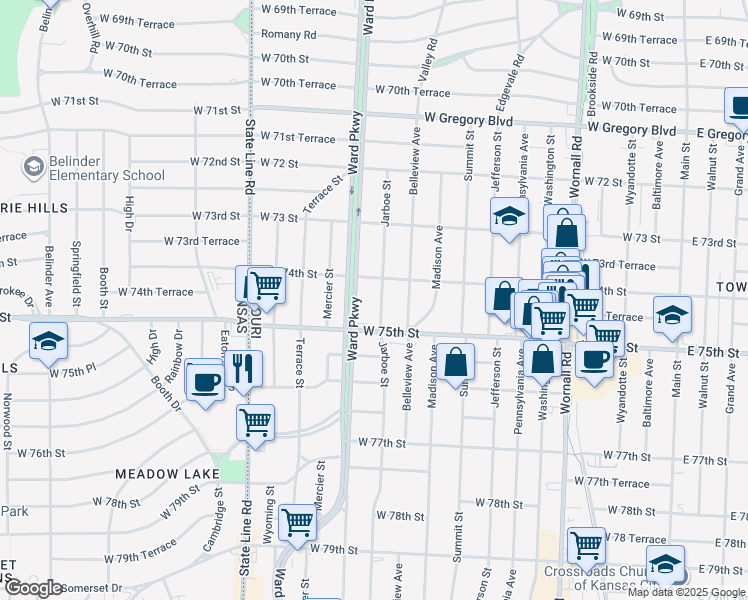 map of restaurants, bars, coffee shops, grocery stores, and more near 7411 Jarboe Street in Kansas City