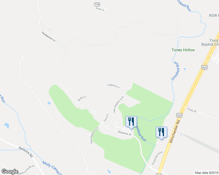 map of restaurants, bars, coffee shops, grocery stores, and more near 137 Flagstick Court in Front Royal