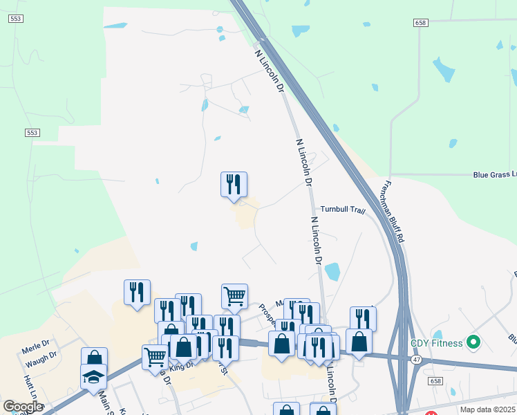 map of restaurants, bars, coffee shops, grocery stores, and more near 1 Country Club Drive in Troy