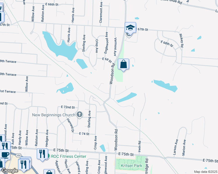 map of restaurants, bars, coffee shops, grocery stores, and more near 7013 Englewood Avenue in Raytown