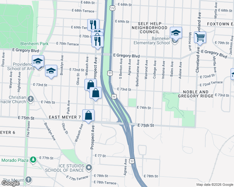 map of restaurants, bars, coffee shops, grocery stores, and more near 2817 East 73rd Street in Kansas City