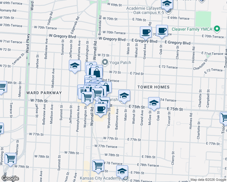 map of restaurants, bars, coffee shops, grocery stores, and more near in Kansas City