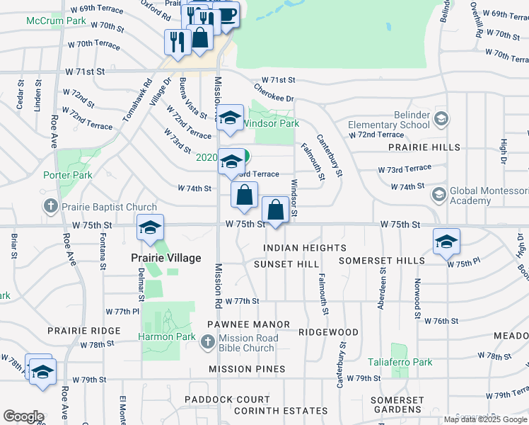 map of restaurants, bars, coffee shops, grocery stores, and more near 3590 West 75th Street in Prairie Village