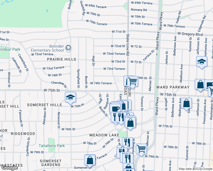 map of restaurants, bars, coffee shops, grocery stores, and more near 2217 W 74th Terrace in Prairie Village
