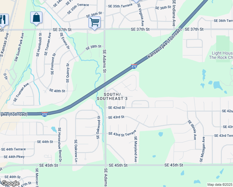 map of restaurants, bars, coffee shops, grocery stores, and more near 4115 Southeast Ridgeview Terrace in Topeka