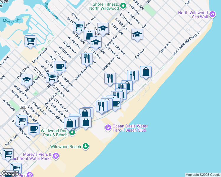 map of restaurants, bars, coffee shops, grocery stores, and more near 2001 Surf Avenue in Wildwood