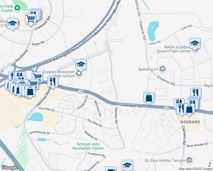 map of restaurants, bars, coffee shops, grocery stores, and more near 8148 Mandan Terrace in Greenbelt