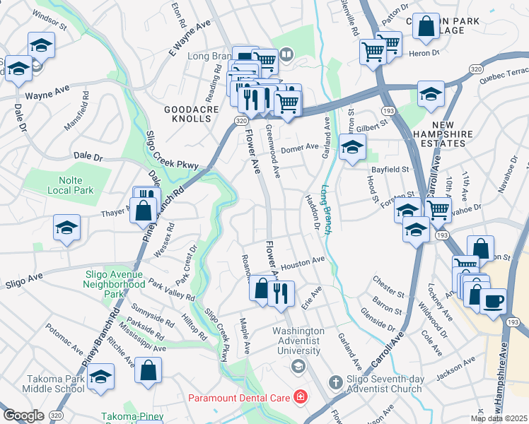 map of restaurants, bars, coffee shops, grocery stores, and more near 8316 Flower Avenue in Takoma Park