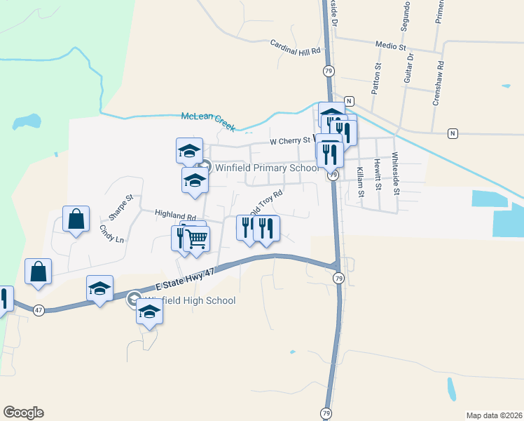 map of restaurants, bars, coffee shops, grocery stores, and more near 213 Old Troy Road in Winfield