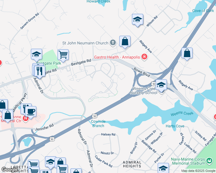 map of restaurants, bars, coffee shops, grocery stores, and more near 2006 Peggy Stewart Way in Annapolis