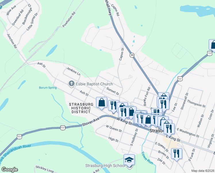 map of restaurants, bars, coffee shops, grocery stores, and more near 388 Sunset Street in Strasburg