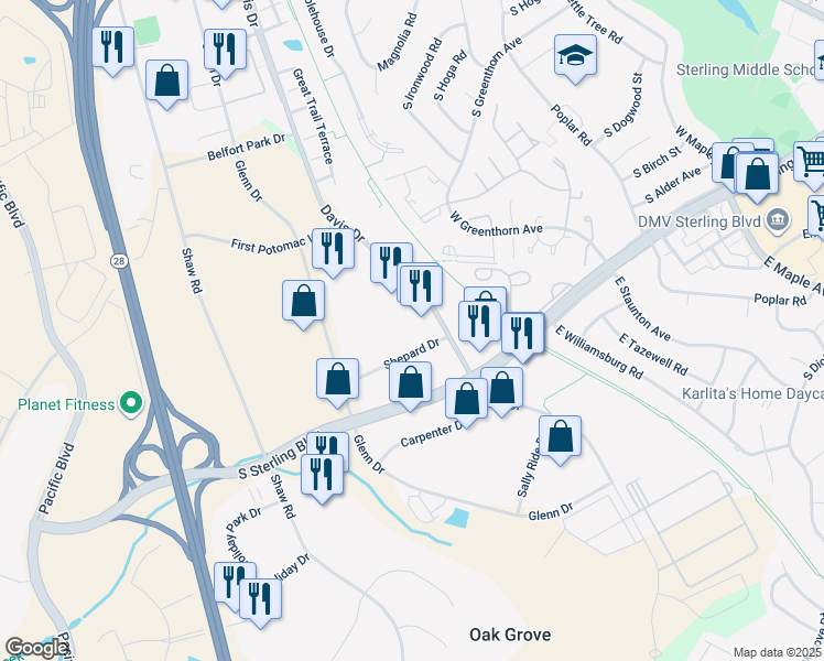 map of restaurants, bars, coffee shops, grocery stores, and more near 1323 Shepard Drive in Sterling